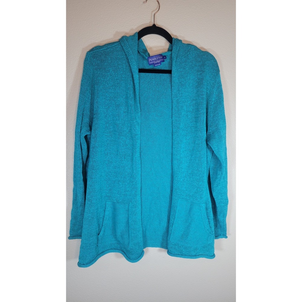 Pendleton Woolen Mills Teal Open Front Hooded Cardigan Sweater Women's XL‎